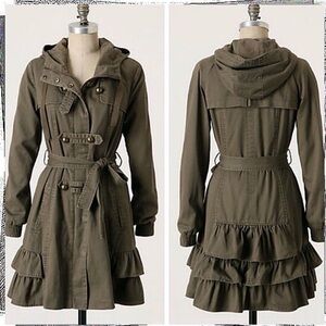 Anthropologie Idra Olive Green Hooded Double Breasted Ruffled Military Jacket 6